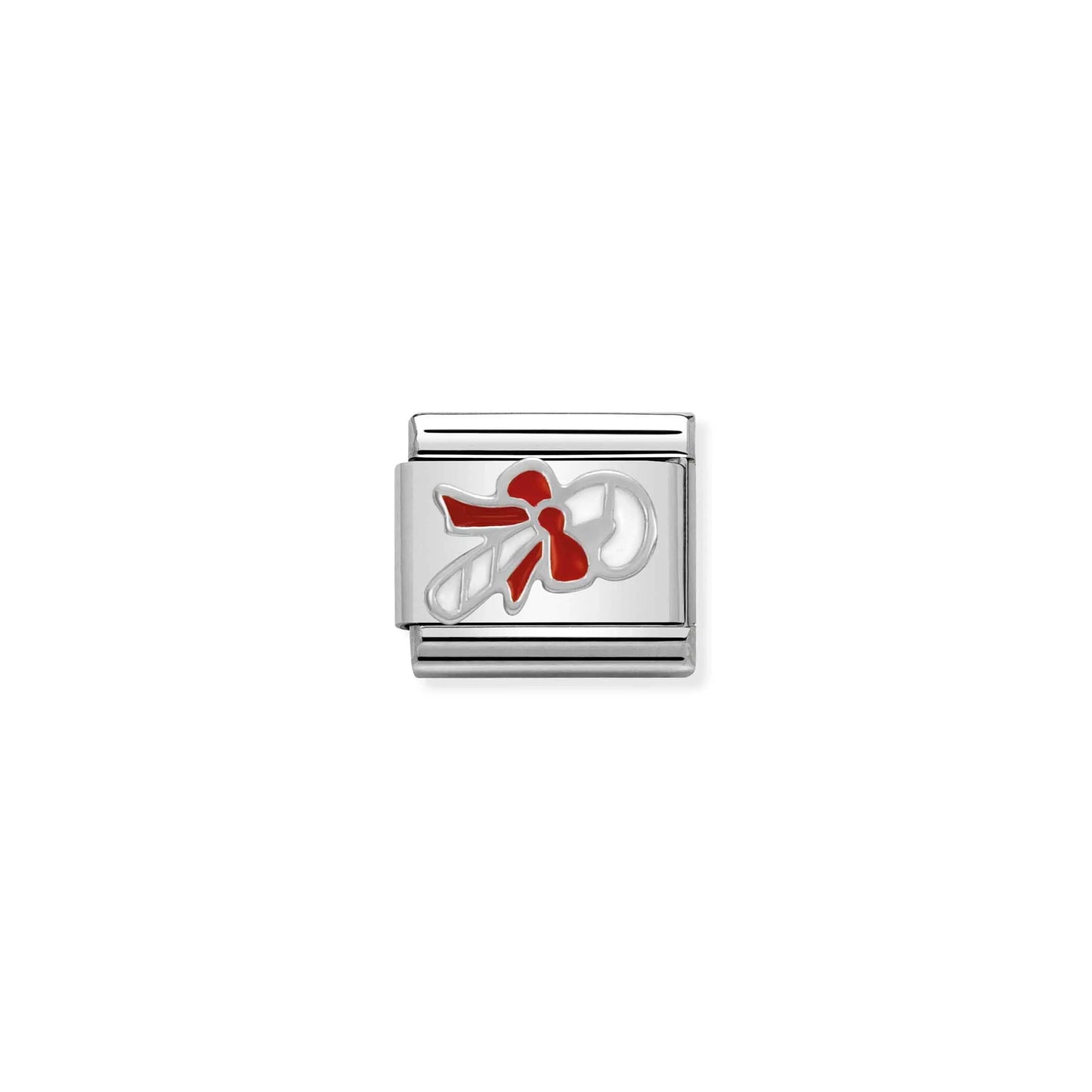 Nomination charm link featuring a striped candy cane in white enamel with a red bow