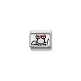 Nomination charm link featuring a silver plaque with black 'Cheers!' and clinking glasses with red enamel hearts inside