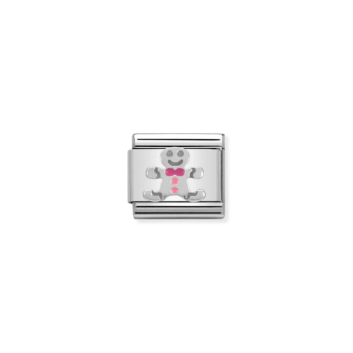 Nomination charm link featuring a silver gingerbread man with pink enamel bow and buttons
