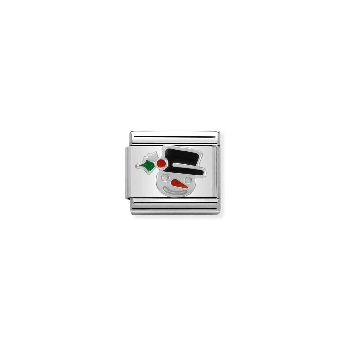 Nomination charm link featuring a silver snowman with a black enamel hat and carrot nose 