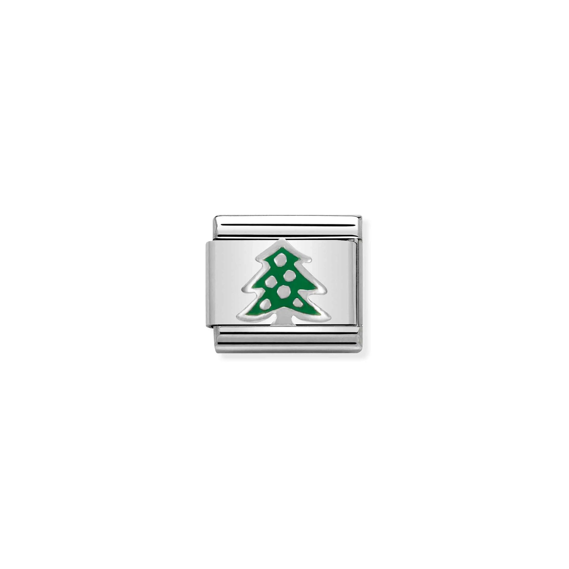 Nomination charm featuring a silver decorated Christmas tree with green enamel
