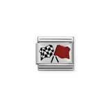 Nomination charm featuring two finish line flags, one red and one black check on a silver plaque