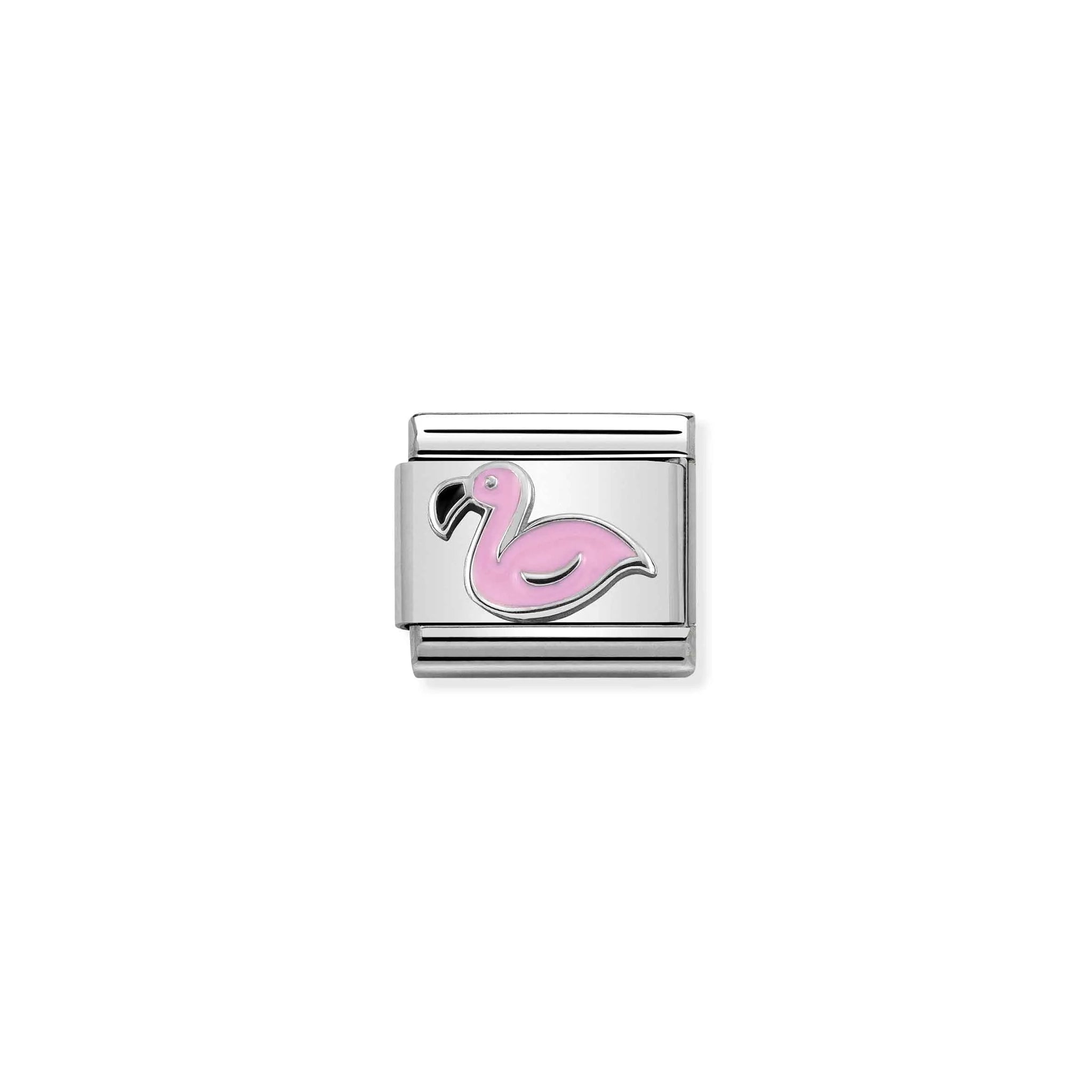 Nomination charm featuring a silver flamingo with pink enamel