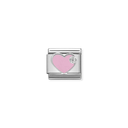 Nomination charm link featuring a pink enamel heart with silver outline and CZ detail