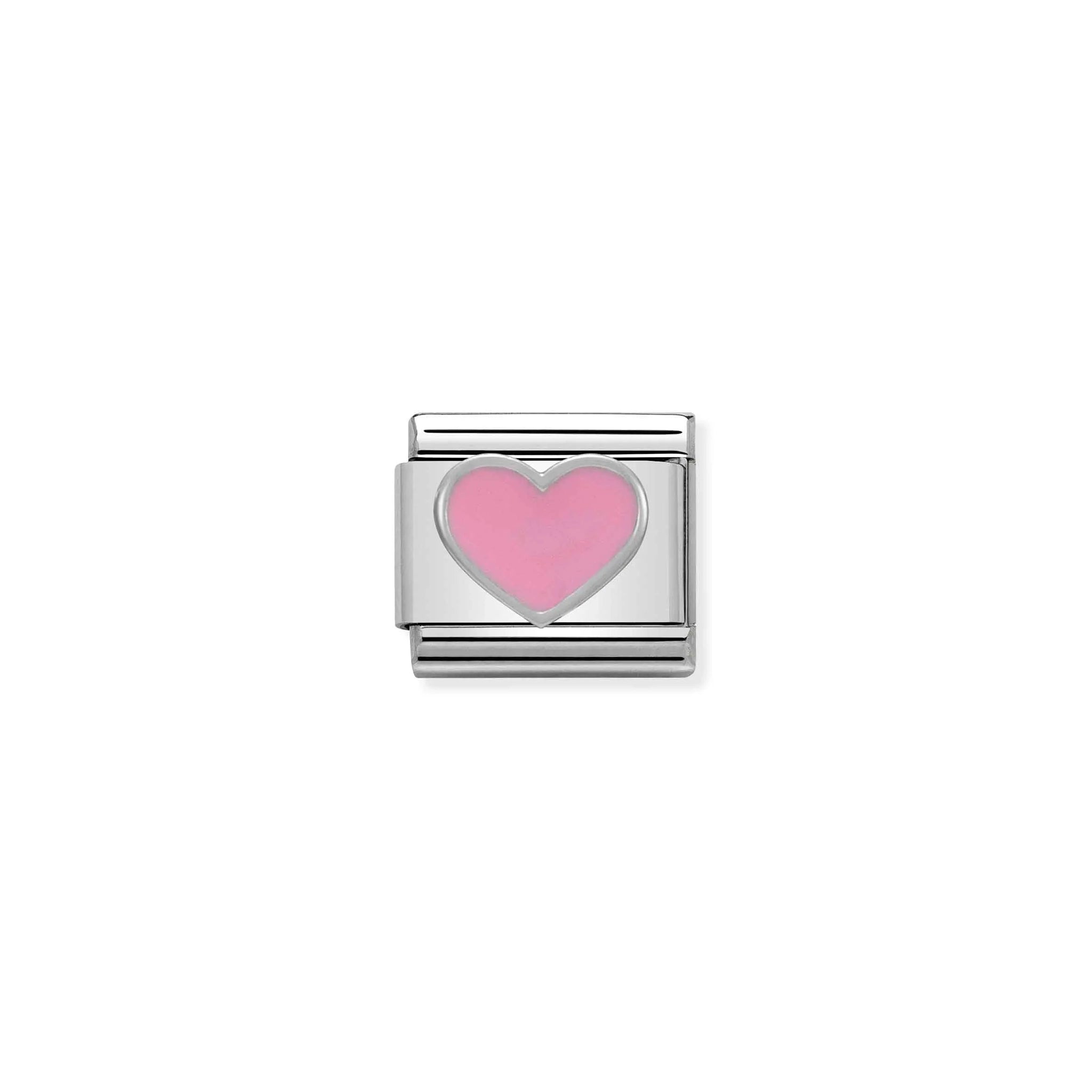 Nomination charm link featuring a pink enamel heart outlined in silver
