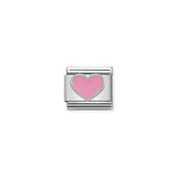 Nomination charm link featuring a pink enamel heart outlined in silver