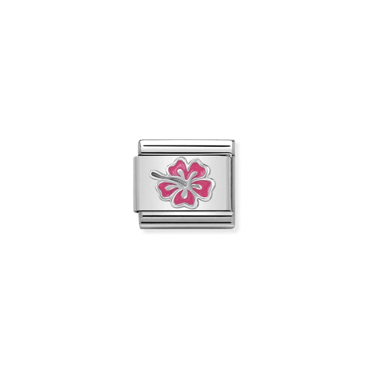 Nomination charm link featuring a silver hibiscus flower with pink enamel details