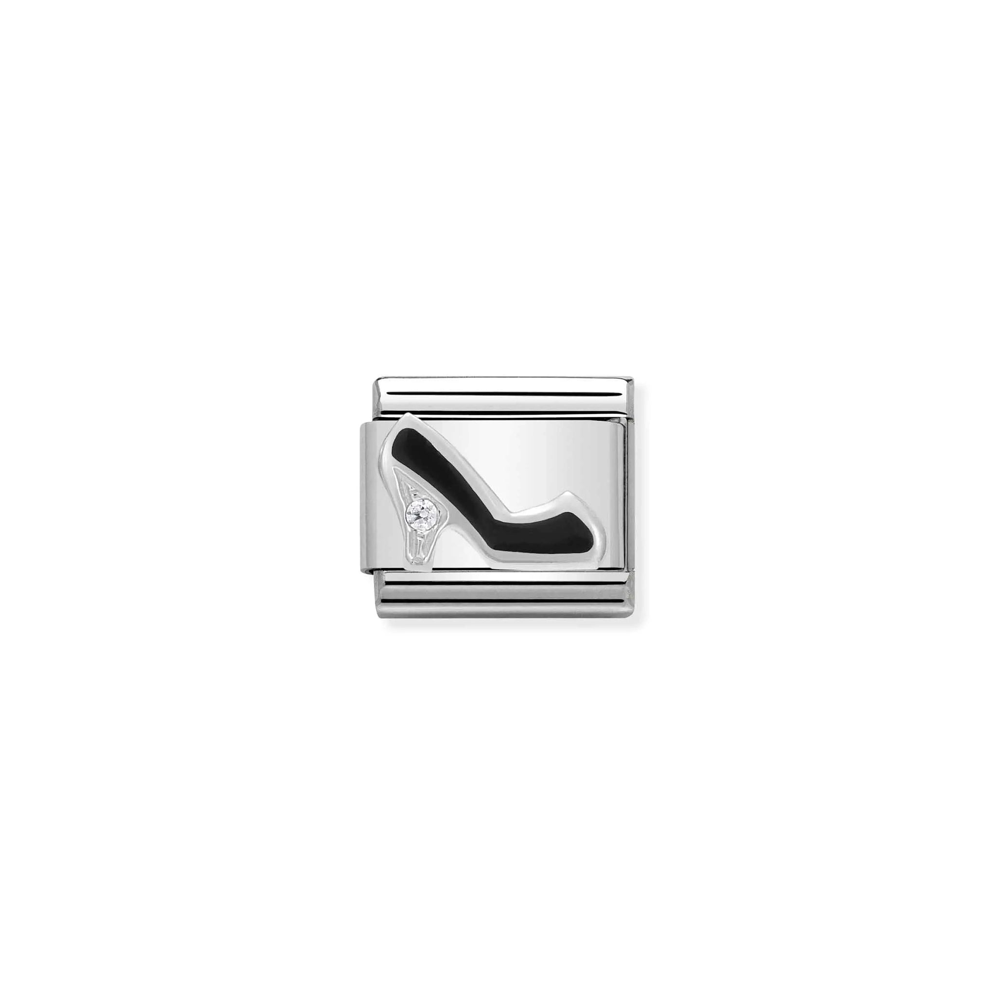 Nomination charm link featuring a silver high heel shoe in black enamel with a cubic zirconia stone on the heel