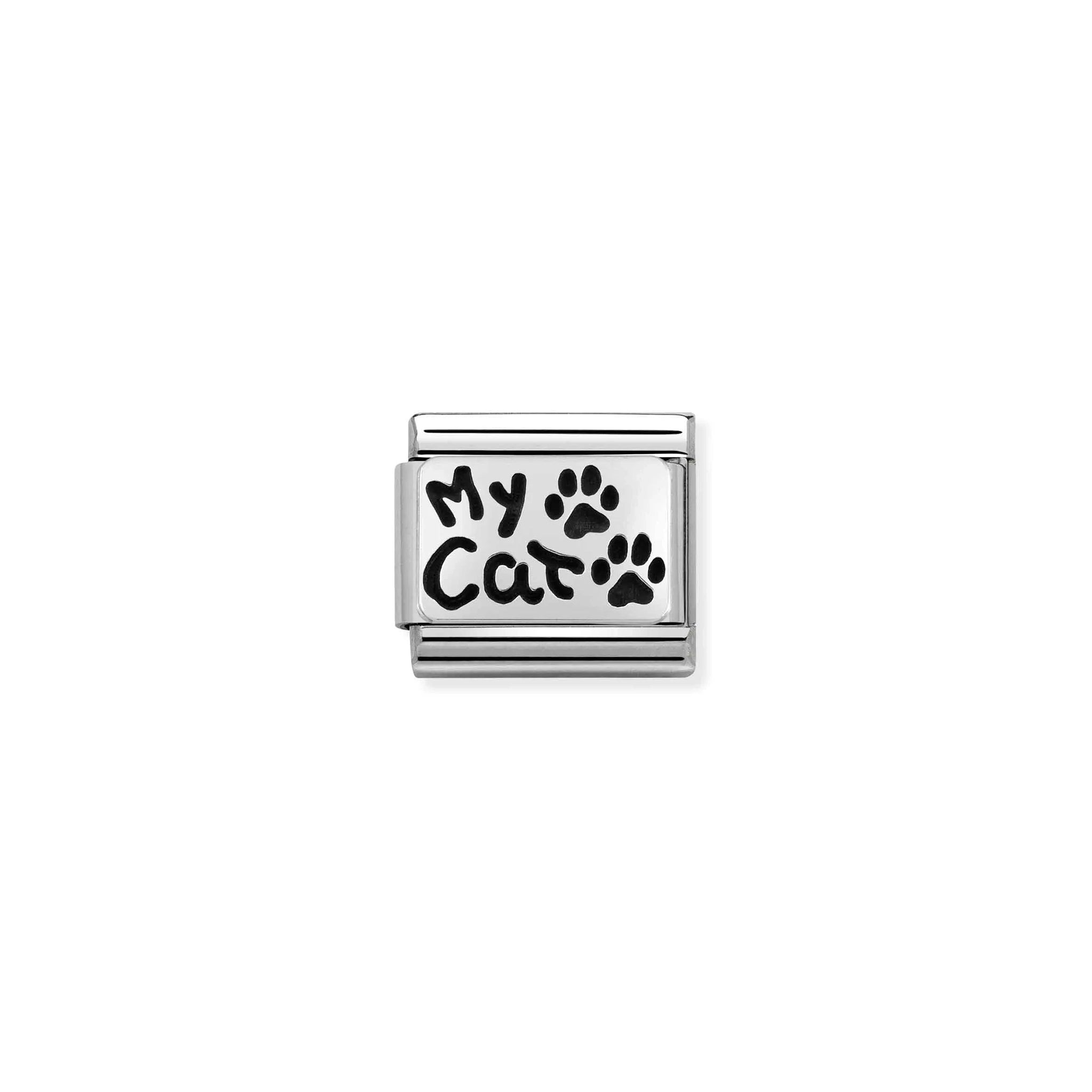 Nomination charm with silver plaque featuring 'My Cat' in black enamel with two paw prints