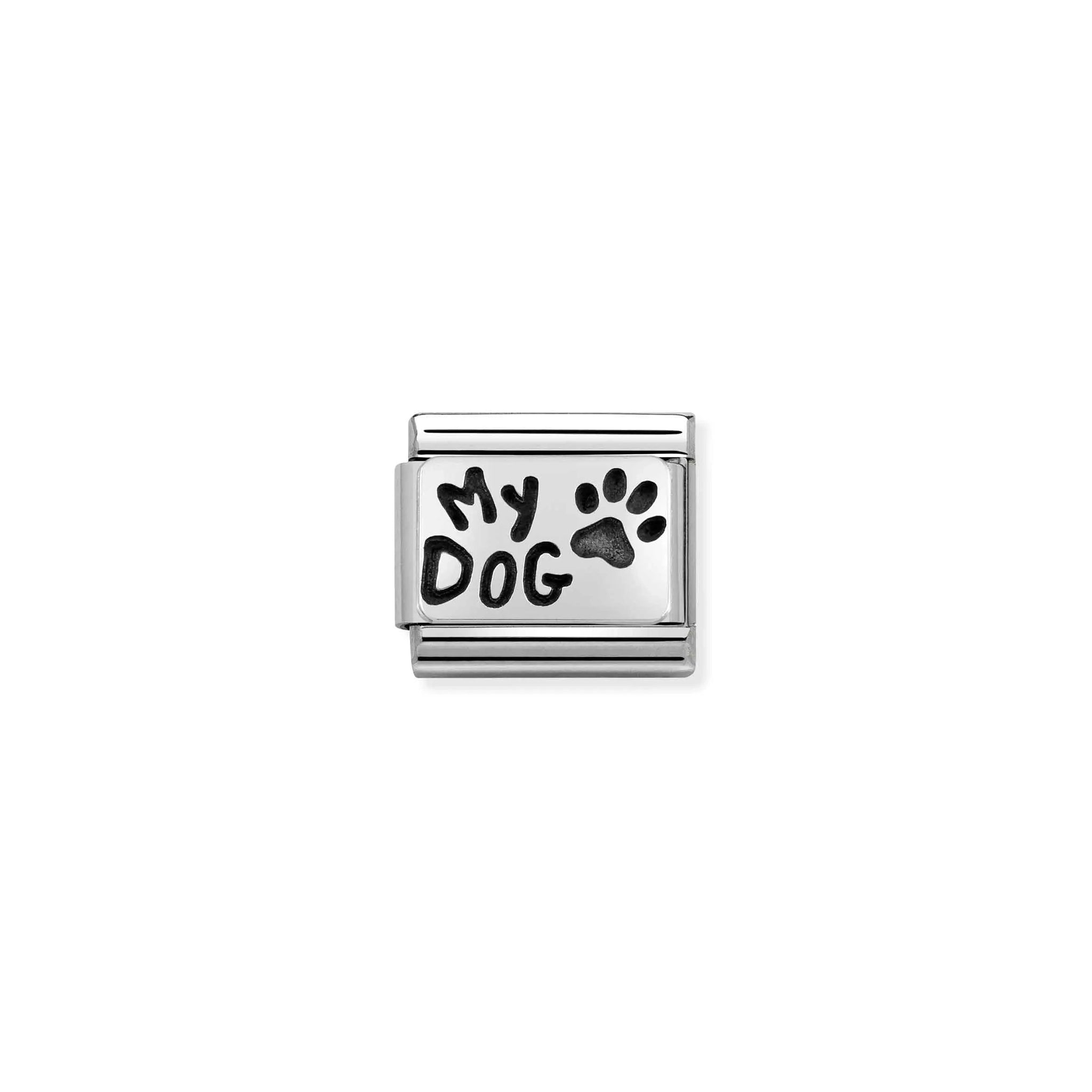 Nomination charm featuring a silver plaque with 'My Dog' in black enamel and a paw print