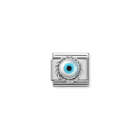 Nomination charm featuring a raised enamel Greek eye in white and blue with a twisted silver surround