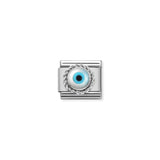 Nomination charm featuring a raised enamel Greek eye in white and blue with a twisted silver surround