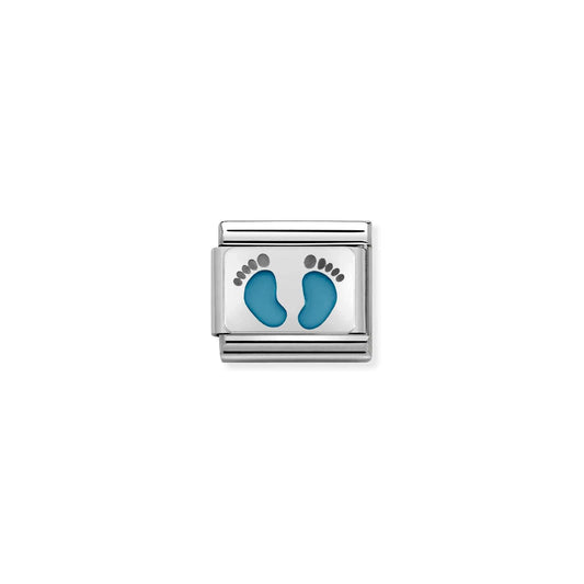 Nomination charm link featuring a pair of enamel blue footprints on a silver plaque