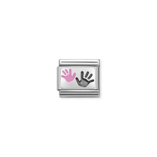 Nomination charm link featuring a silver plaque with two hand prints, one pink enamel and one oxidised