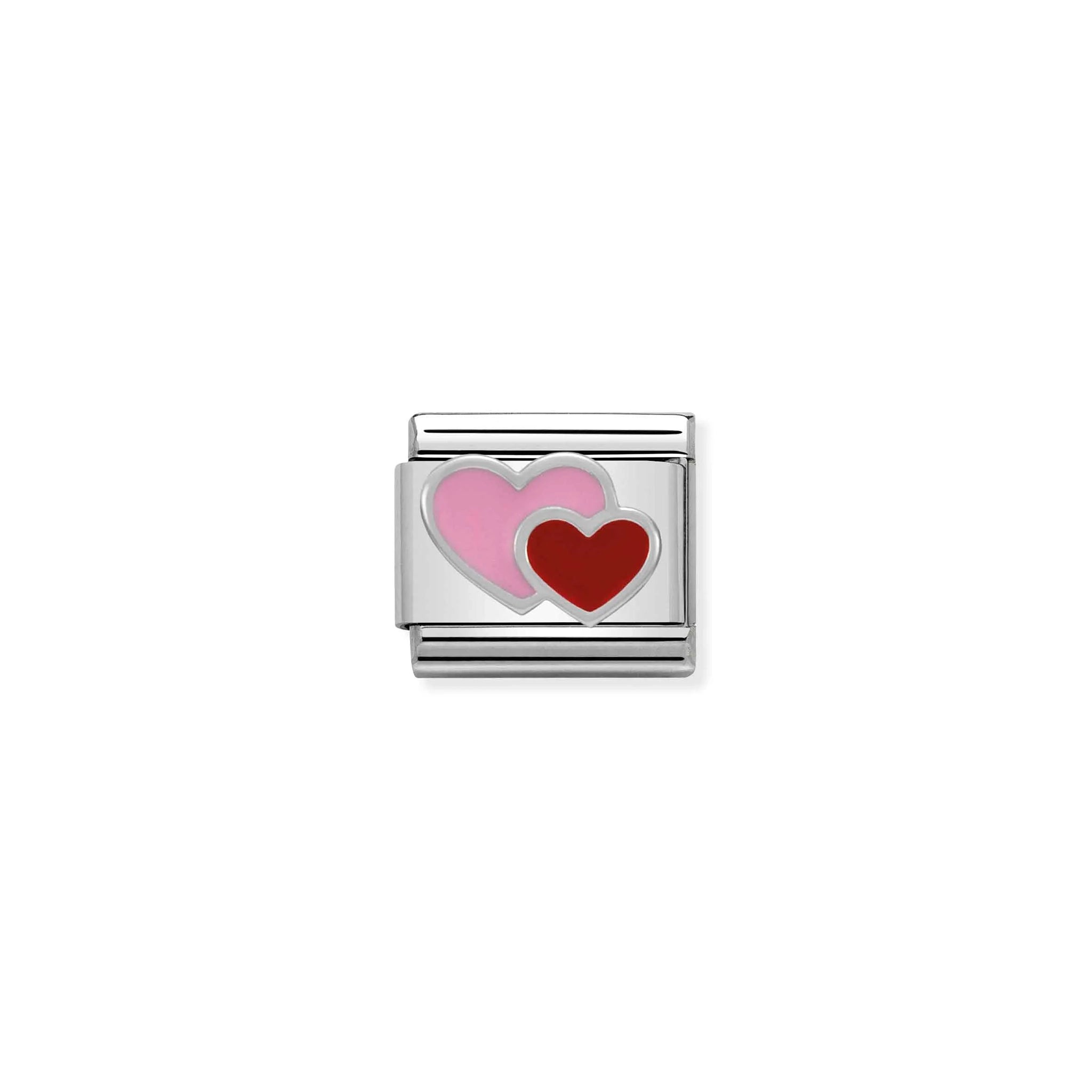 Nomination charm featuring two silver hearts in pink and red enamel