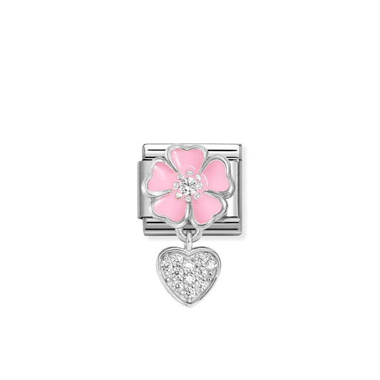 Nomination charm with pink enamel flower and drop heart set with cubic zirconia stones