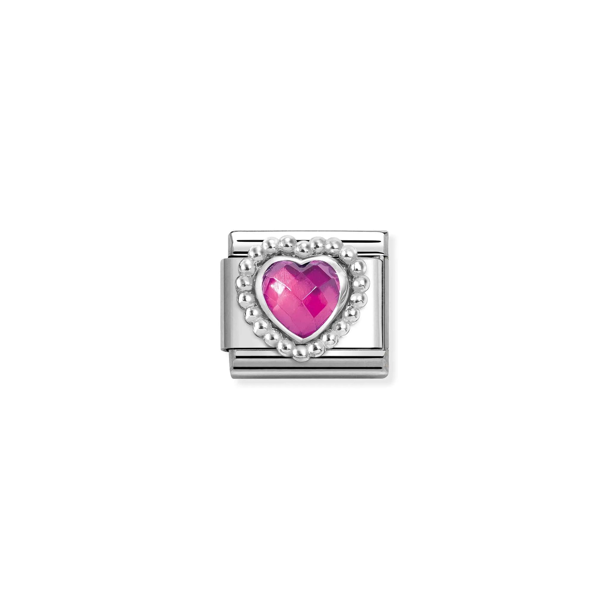 A silver Nomination charm featuring a pink faceted heart shaped stone in a popcorn frame