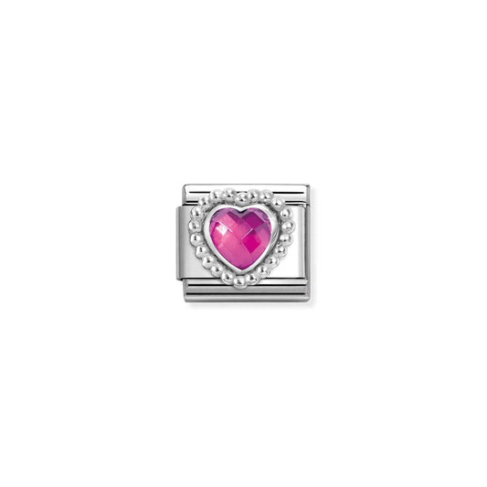 A silver Nomination charm featuring a pink faceted heart shaped stone in a popcorn frame