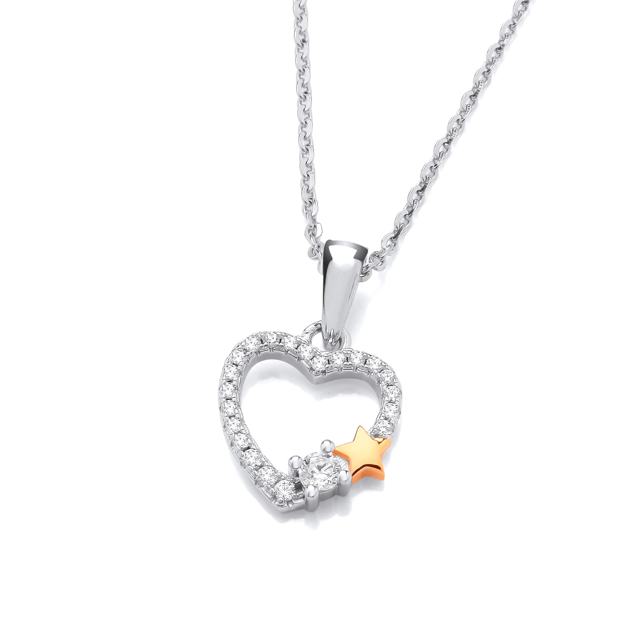 A silver pendant featuring a CZ set heart with a yellow gold star detail