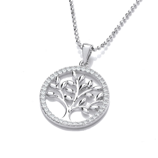 A round CZ frame with with a silver tree of life in the centre 