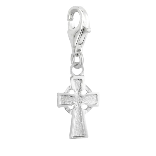 A silver charm shaped like a Celtic cross, with a lobster hook clasp