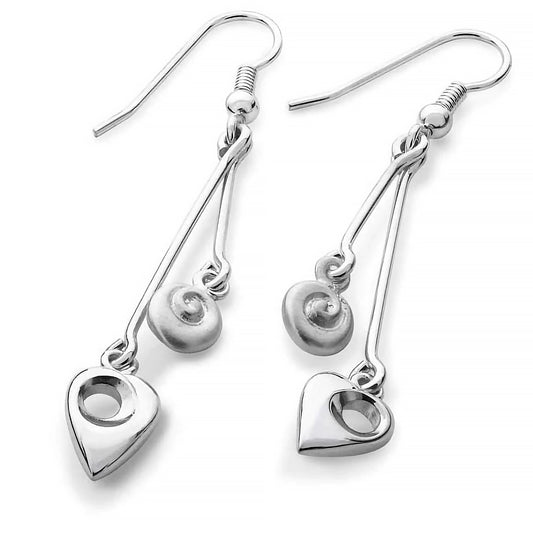 Pair of silver drop earrings featuring two bars, one with a swirl and the other with an arrow head shape at the end
