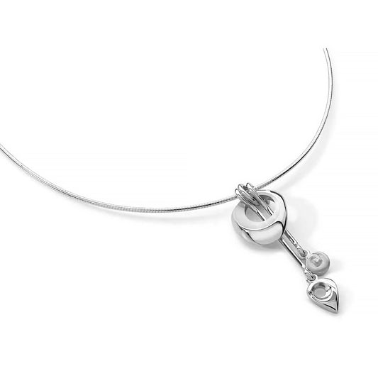 A silver necklet featuring an abstract contemporary pendant with swirl and arrow drops 