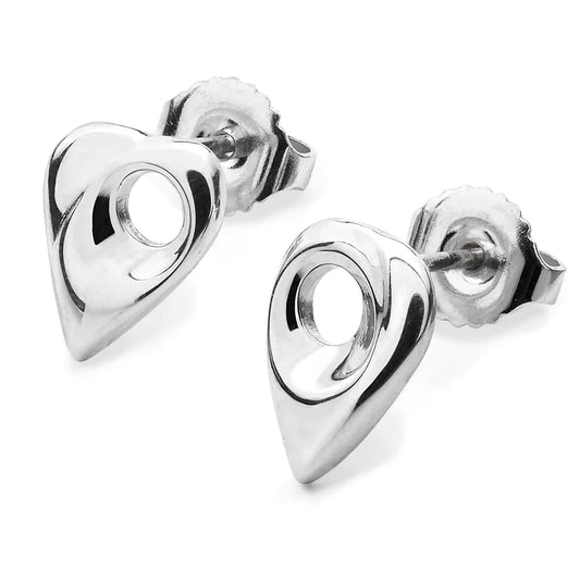 A pair of silver abstract heart shaped stud earrings with holes in the centre
