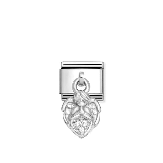 A Nomination Italy drop charm in silver shaped like an angel holding a heart set with cubic zirconia stones