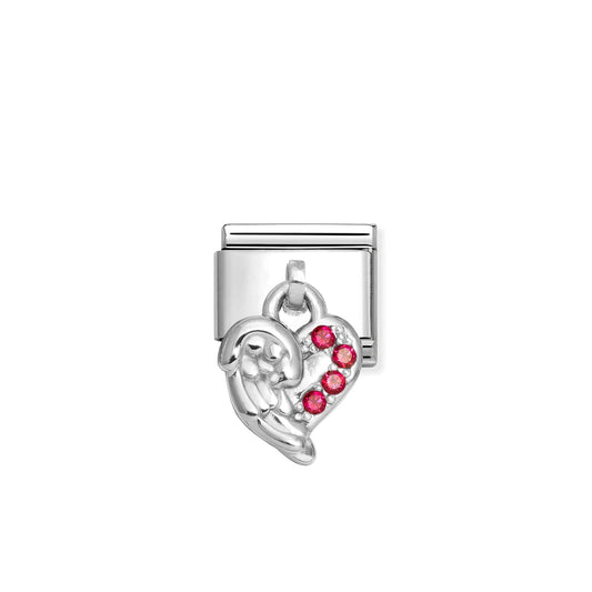 A Nomination Italy charm with a silver drop heart with wing and red cubic zirconia stones