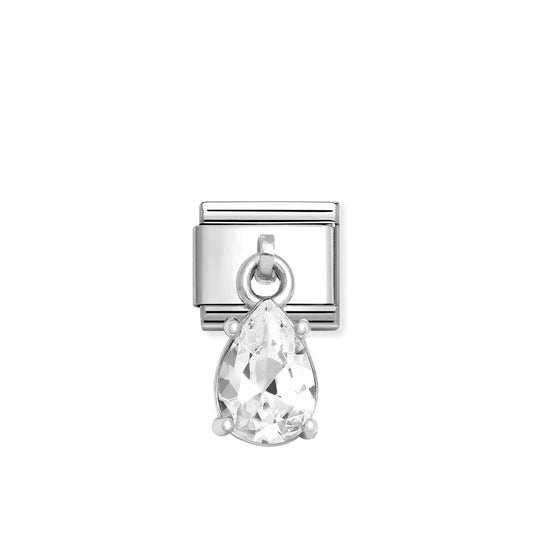 A Nomination Italy charm with a white teardrop shaped cubic zirconia drop