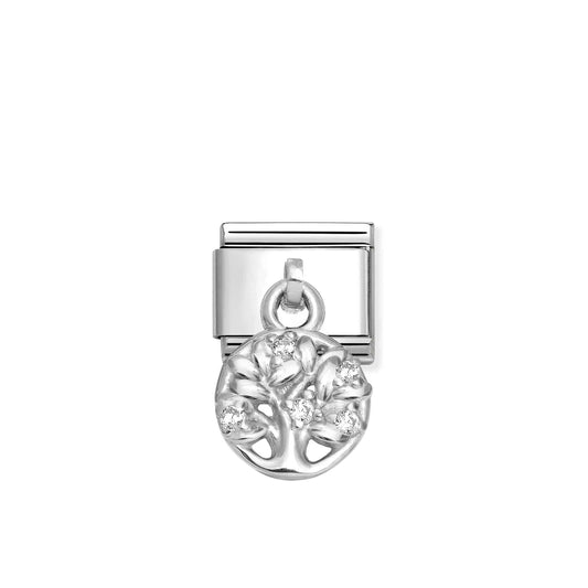 A Nomination Italy charm with a silver drop tree of life charm with white cubic zirconia stones