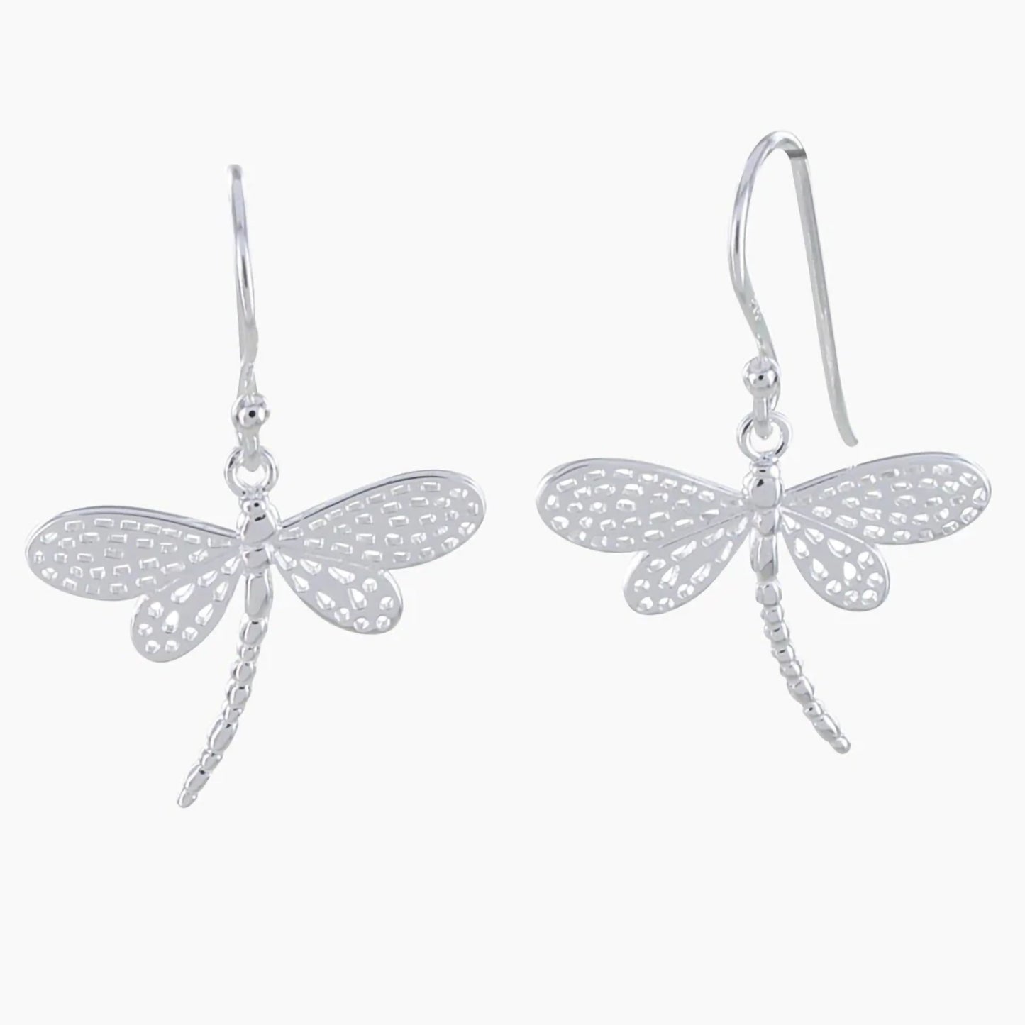 A pair of silver dragonfly drop earrings with detail filigree wings