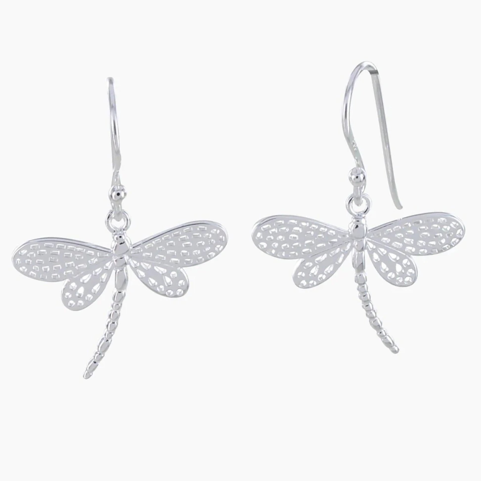 A pair of silver dragonfly drop earrings with detail filigree wings