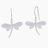 A pair of silver dragonfly drop earrings with detail filigree wings