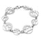 A silver bracelet featuring 8 round links with a flying sea bird in front of a cutout sun over water