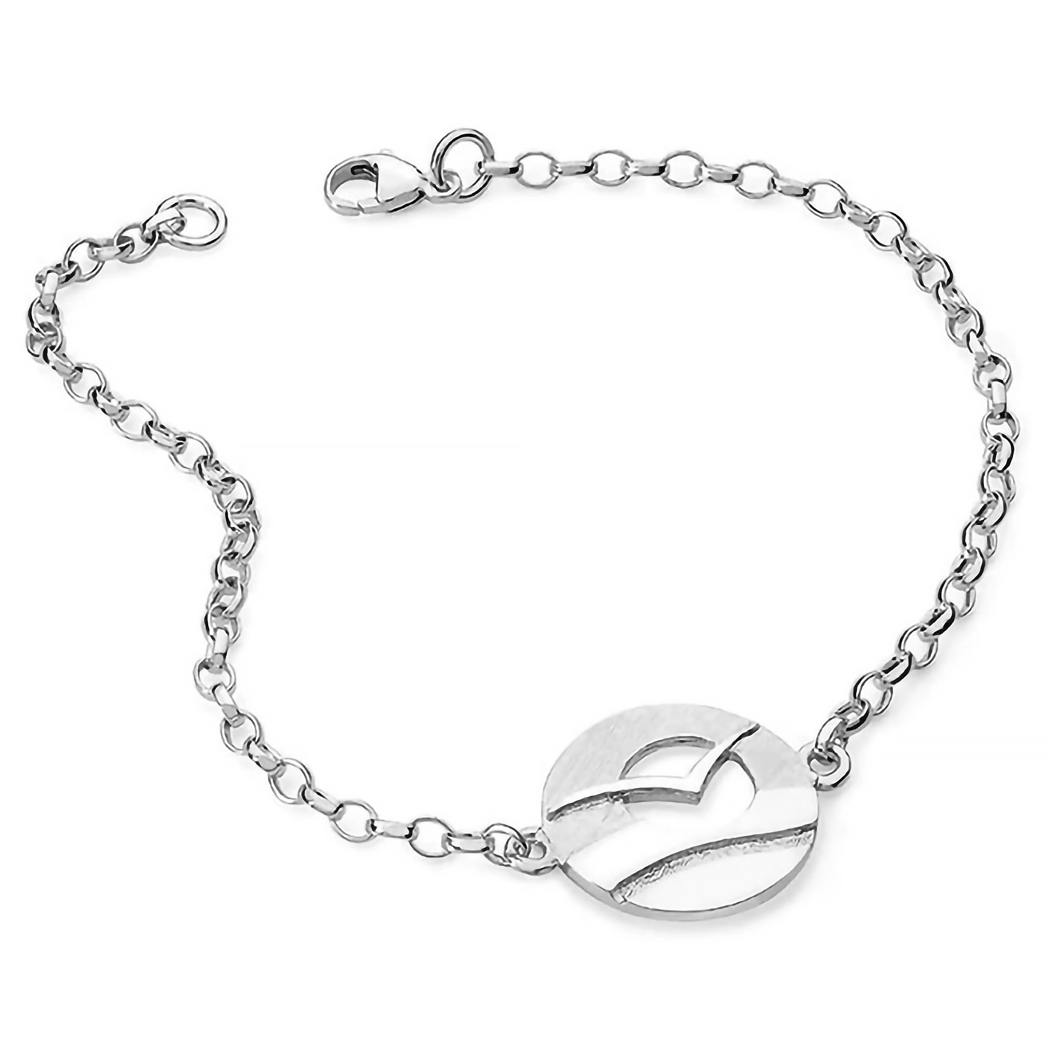 A silver bracelet featuring a round link with a flying sea bird in front of a cutout sun over water