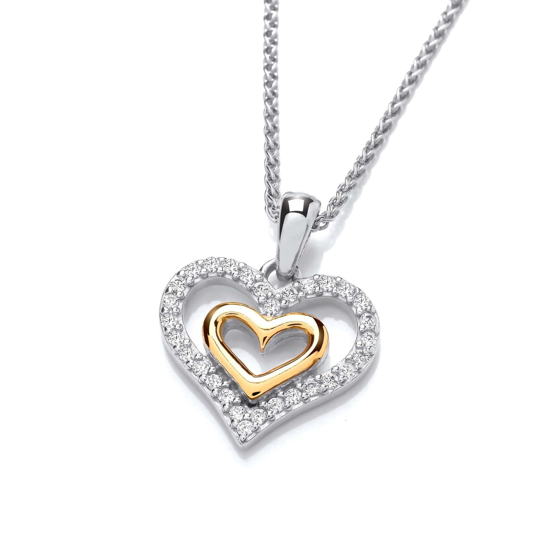 A silver and gold double heart pendant with CZ surround