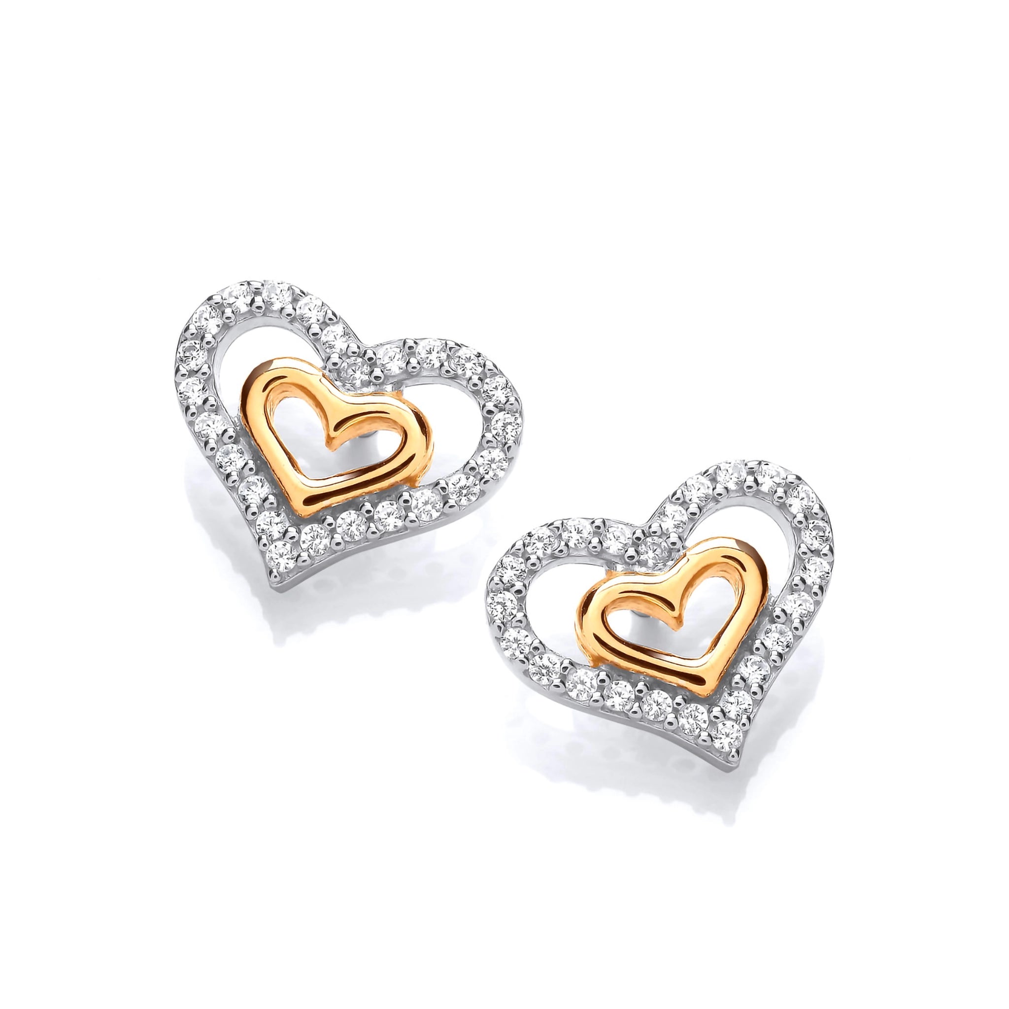 A pair of silver and gold double heart studs with CZ surround