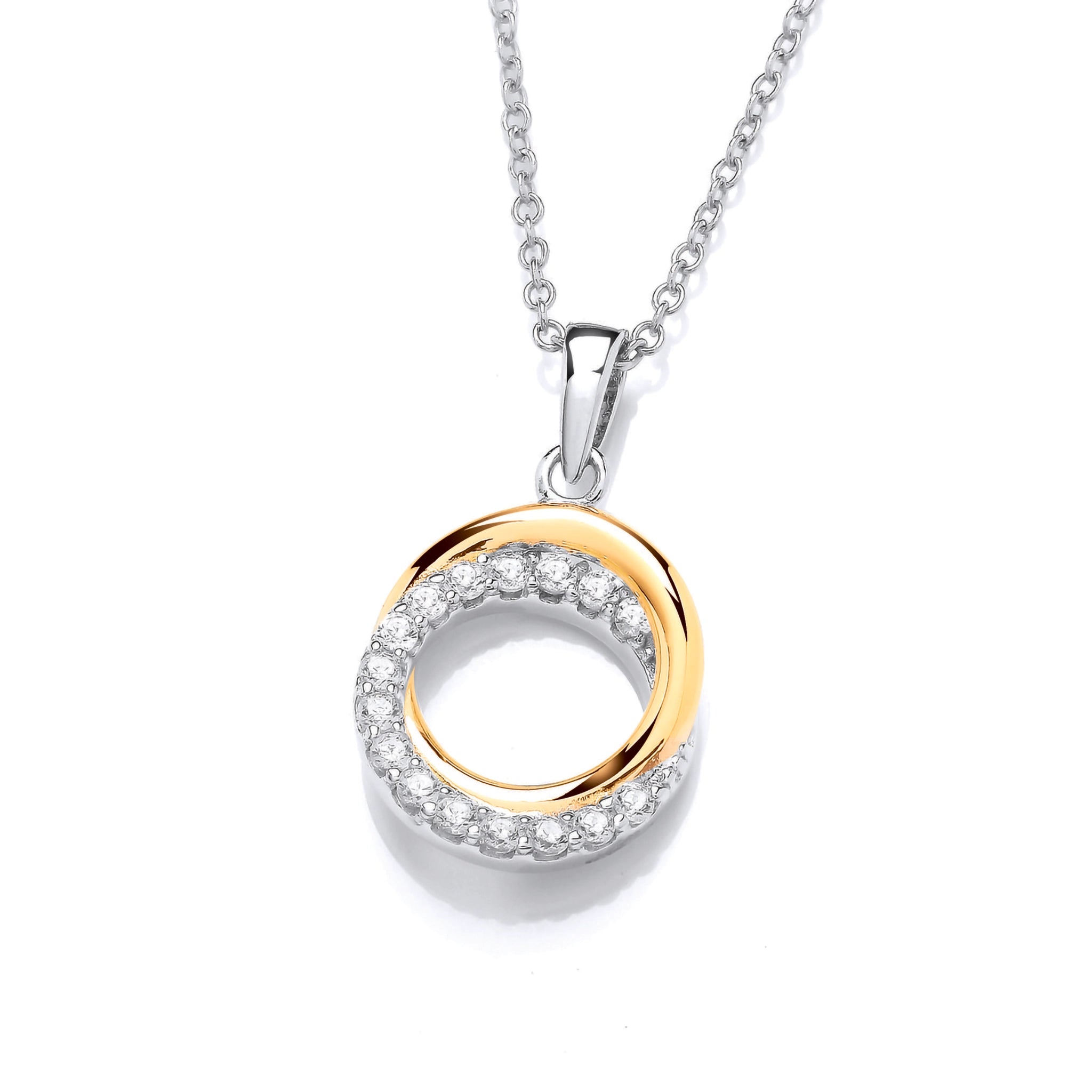 A pendant featuring two interlocked circles, one in gold and one set with CZ stones