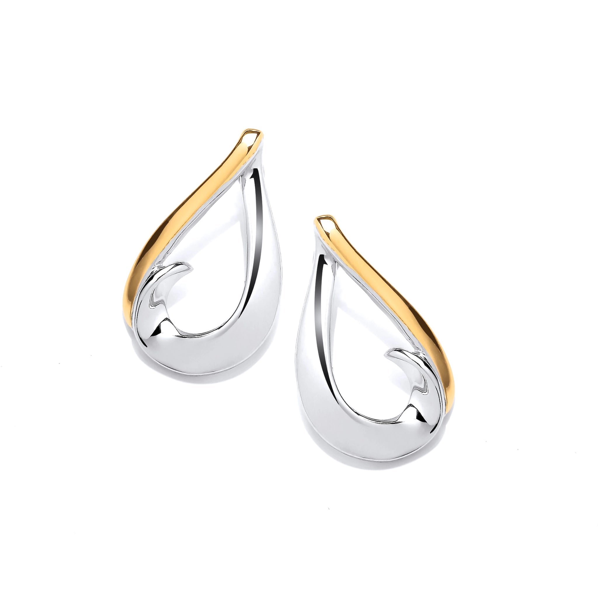Silver swirling teardrop earrings with gold detail