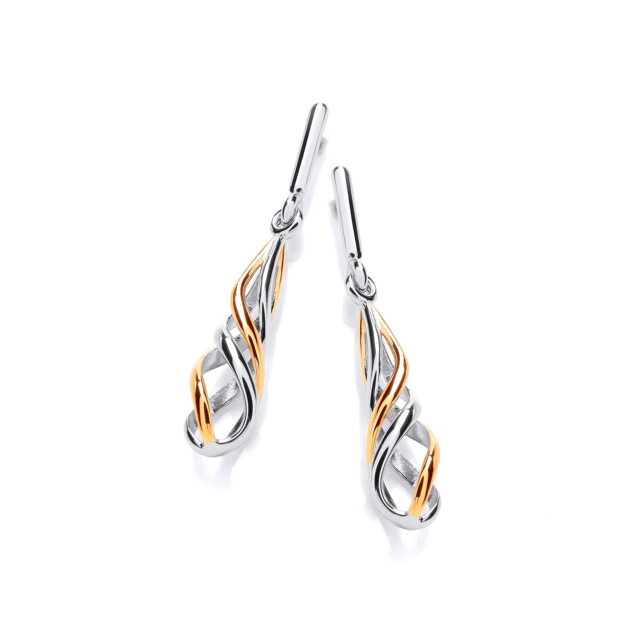 A pair of teardrop shaped spiral earrings in gold and silver