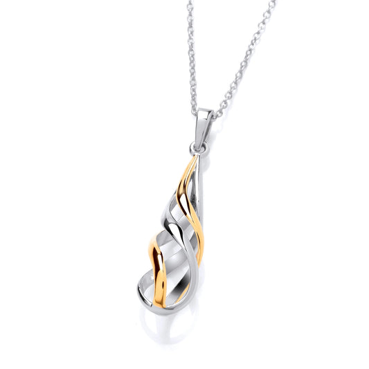 A teardrop shaped spiral pendant in gold and silver