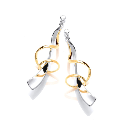 A pair of drop earrings with silver ribbon surrounded by a gold twizzle detail