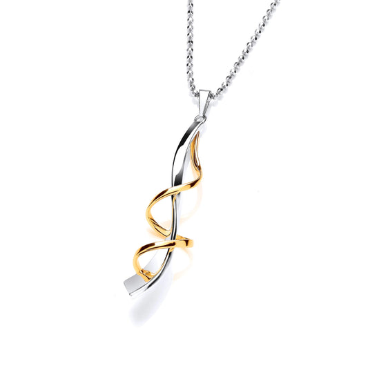 A pendant with silver ribbon surrounded by a gold twizzle detail