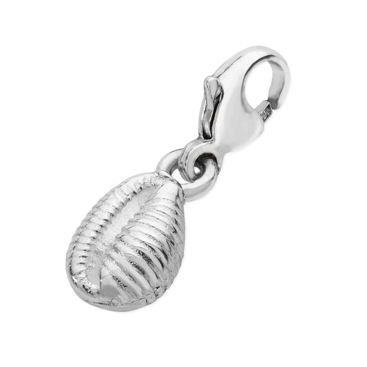 A silver charm shaped like a Groatie Buckie, or cowrie, shell. With a lobster clasp