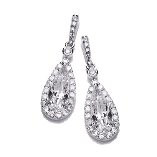 A pair of long teardrop silver earrings with faceted CZ in the centre