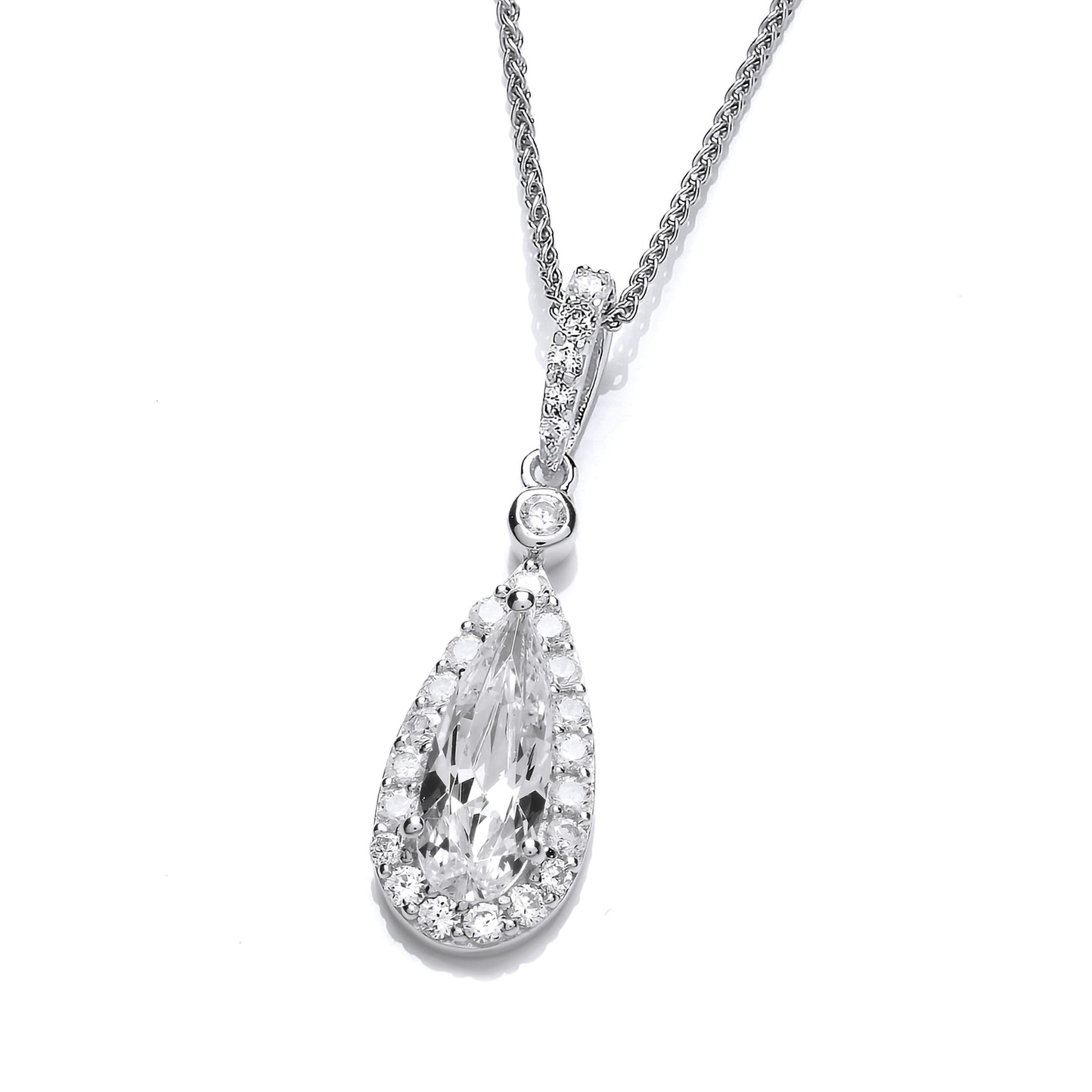 A long teardrop pendant with faceted CZ in the centre