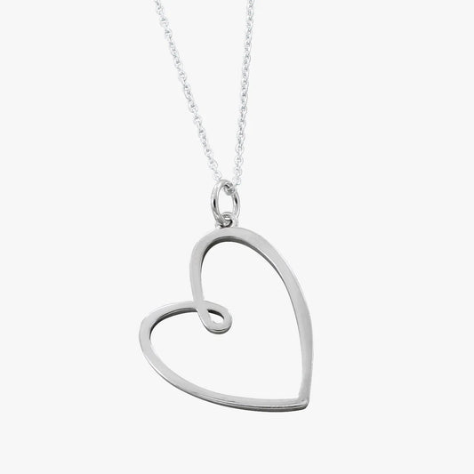 A silver looped frame heart pendant on a silver chain