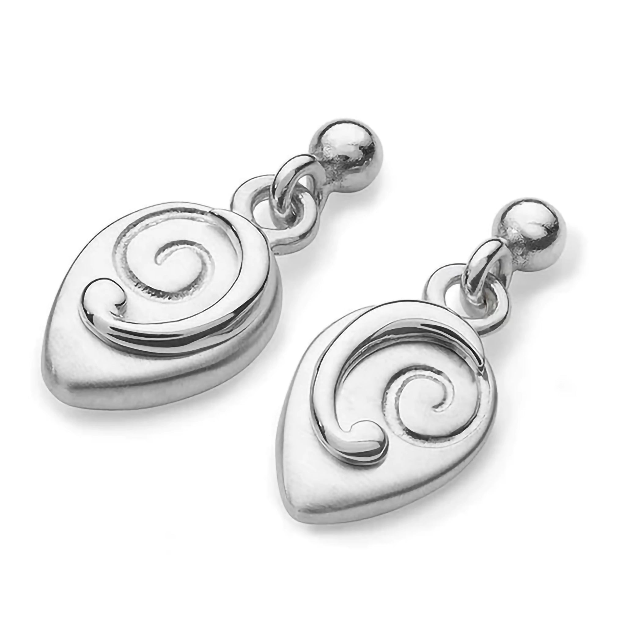 A pair of silver arrow head drop earrings featuring a raised swirl and engraved swirl in matt and shiny finish